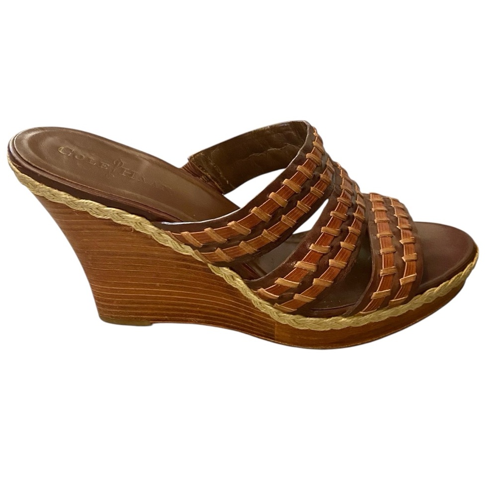 Cole Haan Air Slide Wedge Sandals Size 9 Dark Brown Leather Espadrille Rope Trim